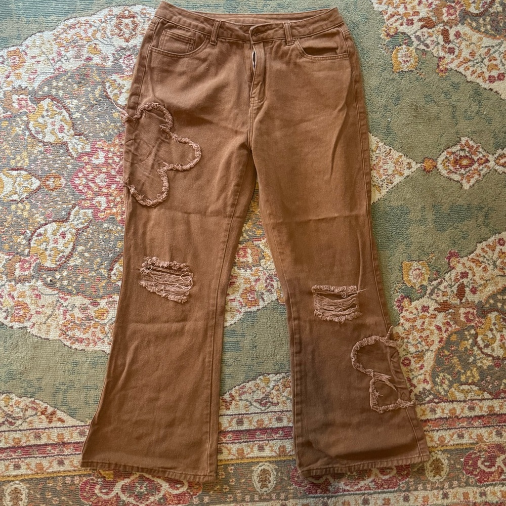 Brown Distressed Flare ROMWE Jeans